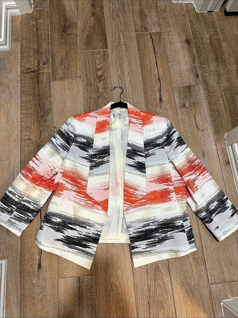 Kasper Printed Shawl-Collar Scuba Blazer in Orange and Black